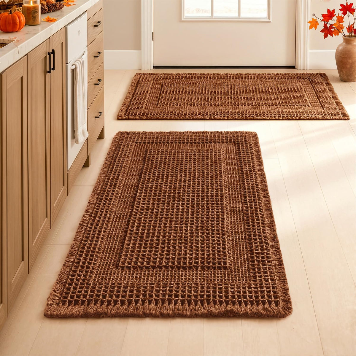 MIULEE Set of 2 Waffle Bathroom Rugs Brown&Cream Boho Bath Mat 17x24+18x30