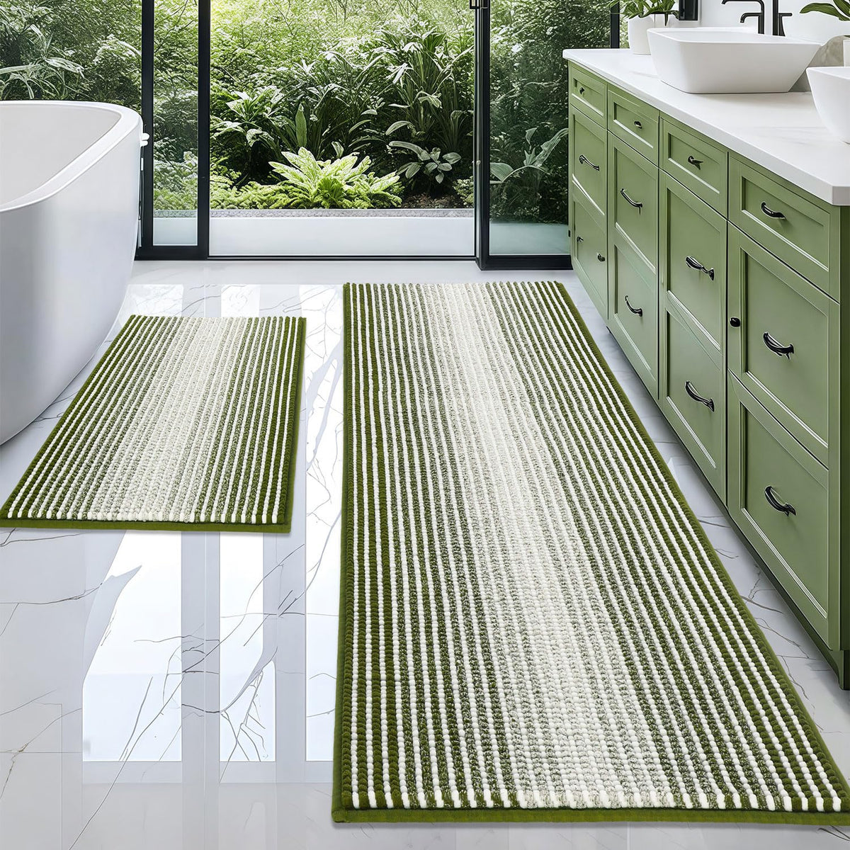 BSICPRO Large Chenille Bathroom Rugs Runner, 20x47 Striped Bath Mats, Beige