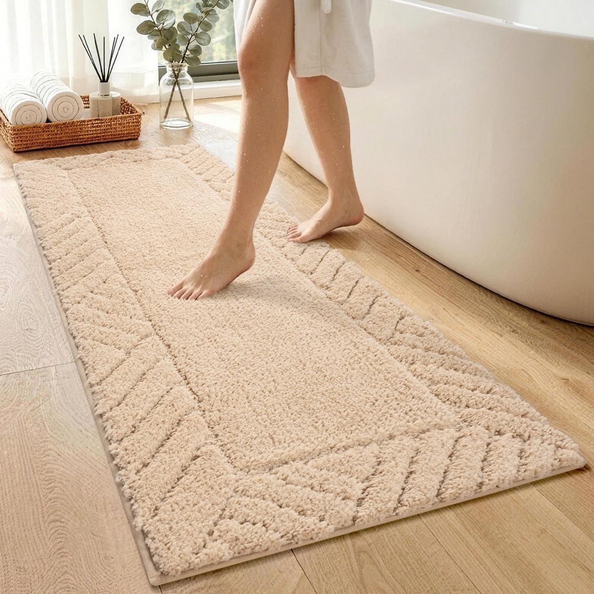48x17 Long Bathroom Runner Rugs Beige, Non Slip Washable Bath Rugs