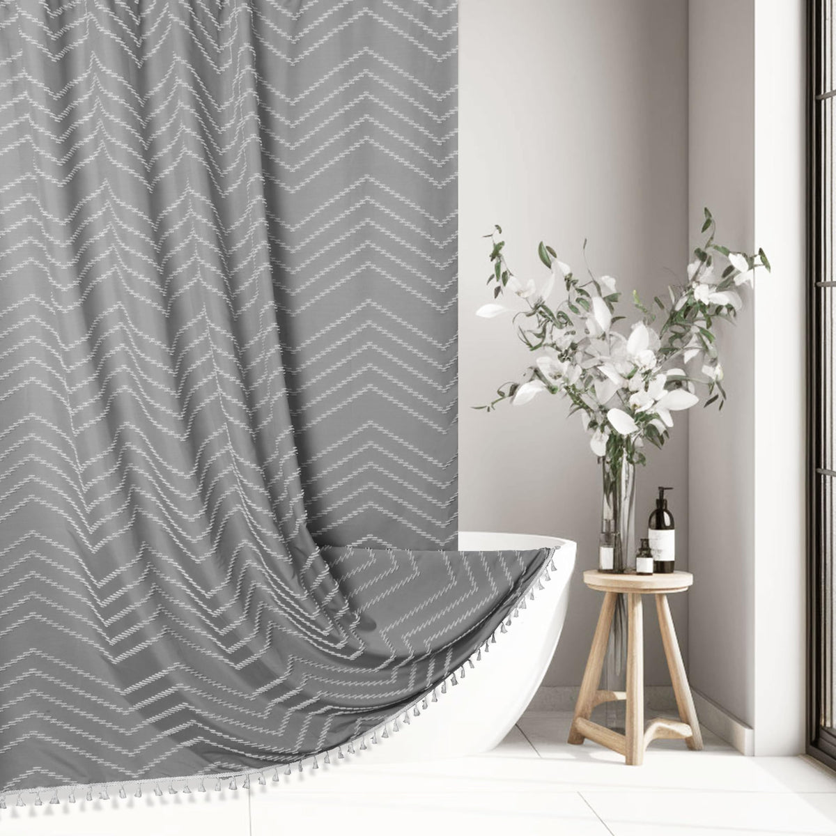 Siiluminisoy Boho Shower Curtain with Tassel Woven Fabric Olive Green Shower Curtain 72 x 72 Modern Farmhouse Textured Tufted Chevron Striped Minimalist Bathroom Shower Curtains