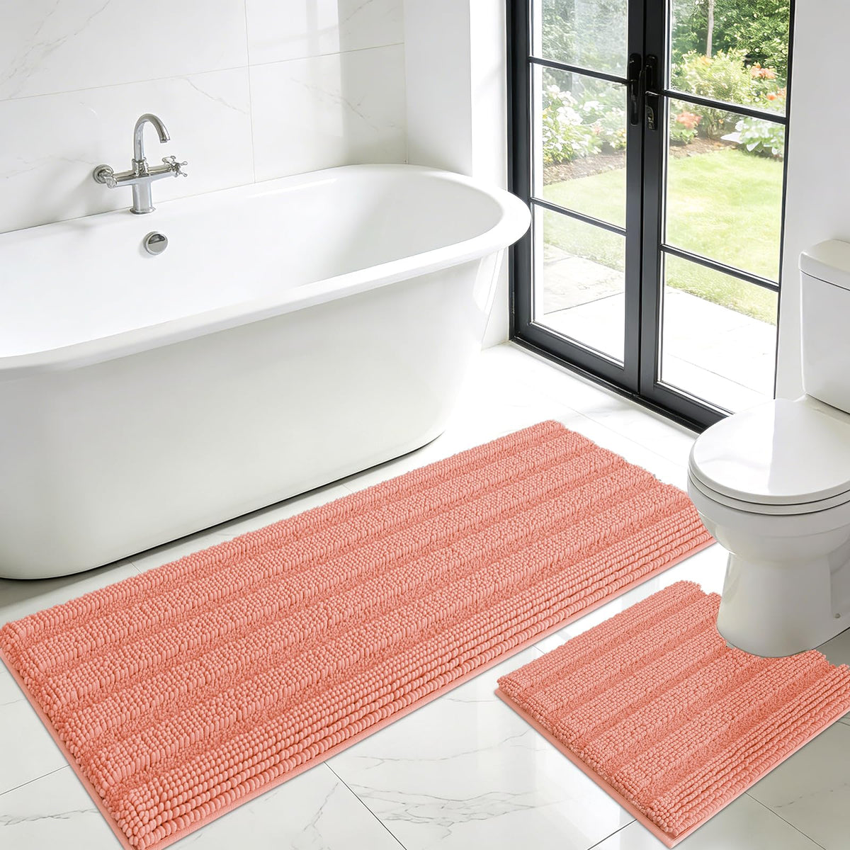 ACCUMTEK Christmas Striped Pink Bathroom Rug Set 3 Pieces Ultra Soft, Non Slip Chenille Toilet Mat, Absorbent Plush Shaggy Bath Mats for Bathroom, Bedroom, Kitchen