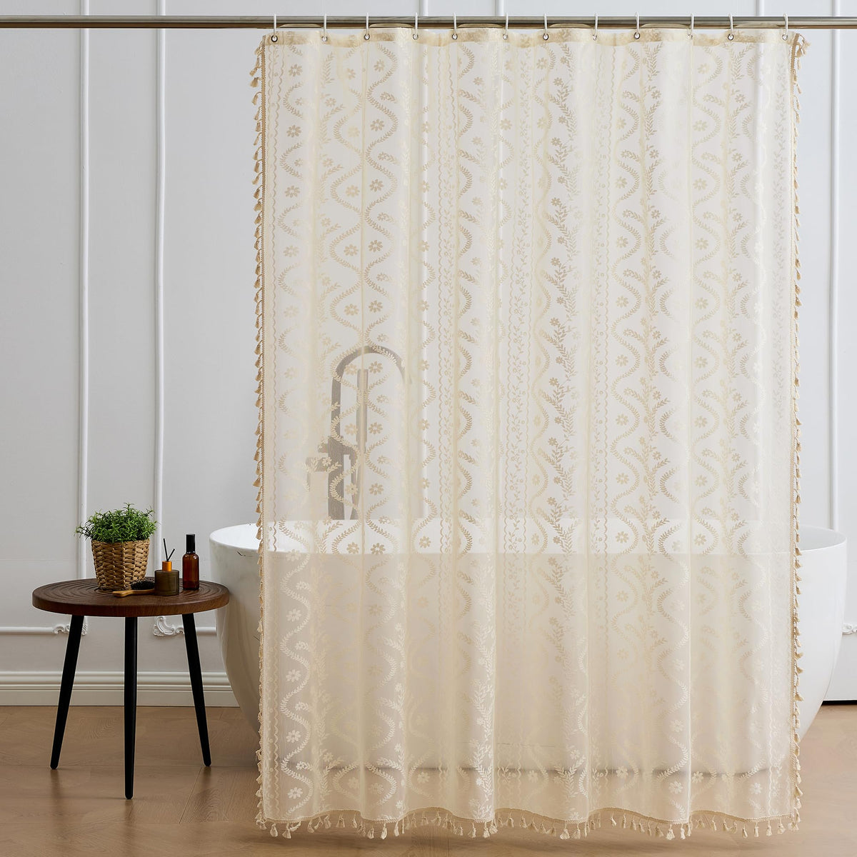 WAZZIO Dark Sage Green Lace Shower Curtain,Boho Chic,72 x 84 in