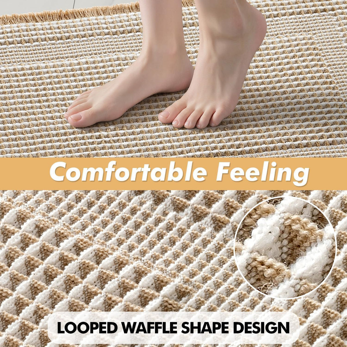MIULEE Set of 2 Waffle Bathroom Rugs Brown&Cream Boho Bath Mat 17x24+18x30