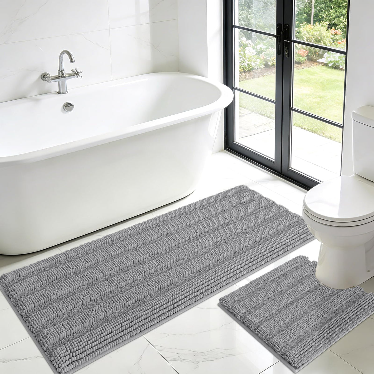 ACCUMTEK Christmas Striped Pink Bathroom Rug Set 3 Pieces Ultra Soft, Non Slip Chenille Toilet Mat, Absorbent Plush Shaggy Bath Mats for Bathroom, Bedroom, Kitchen