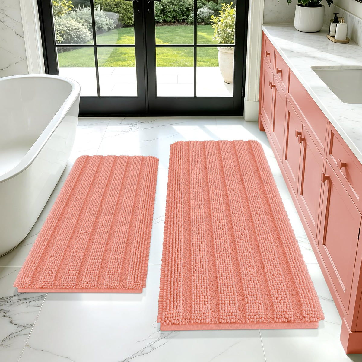 ACCUMTEK Christmas Striped Pink Bathroom Rug Set 3 Pieces Ultra Soft, Non Slip Chenille Toilet Mat, Absorbent Plush Shaggy Bath Mats for Bathroom, Bedroom, Kitchen
