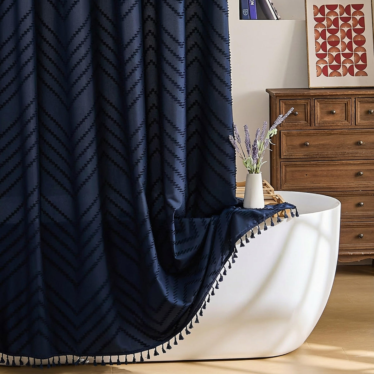 Siiluminisoy Boho Shower Curtain with Tassel Woven Fabric Olive Green Shower Curtain 72 x 72 Modern Farmhouse Textured Tufted Chevron Striped Minimalist Bathroom Shower Curtains