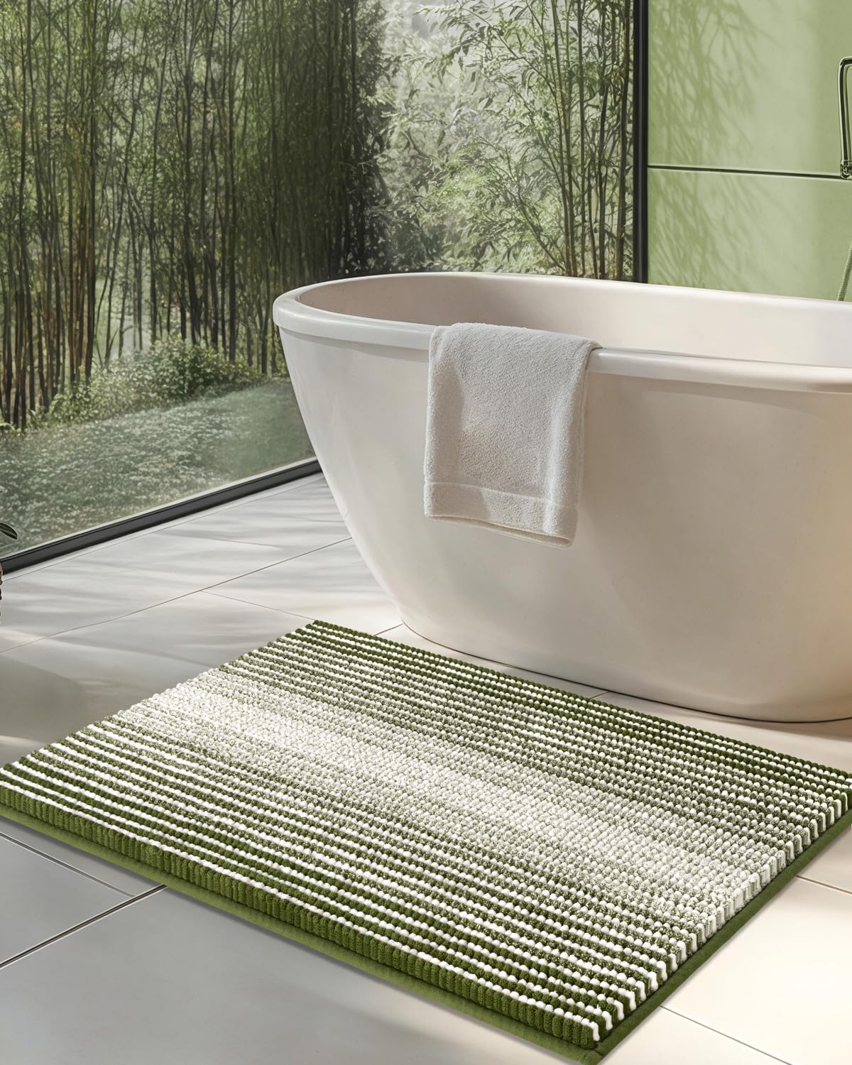 BSICPRO Large Chenille Bathroom Rugs Runner, 20x47 Striped Bath Mats, Beige