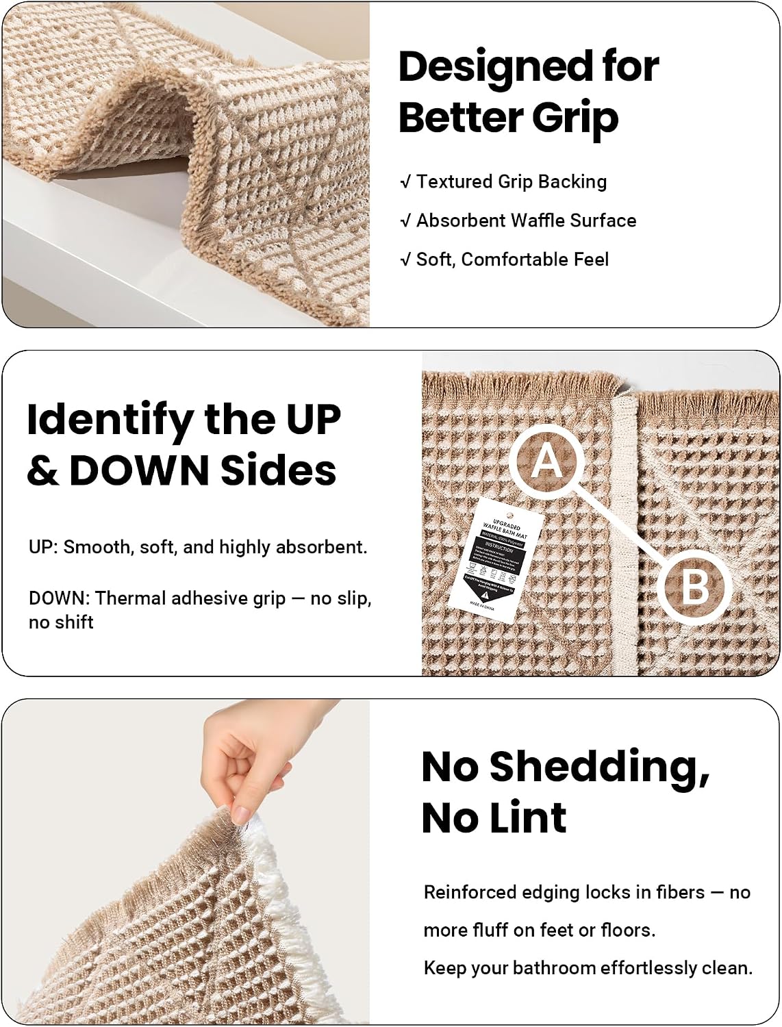 Furicher Waffle Bath Mat Set, Non Slip Bathroom Rugs 2 Piece, Brown & White