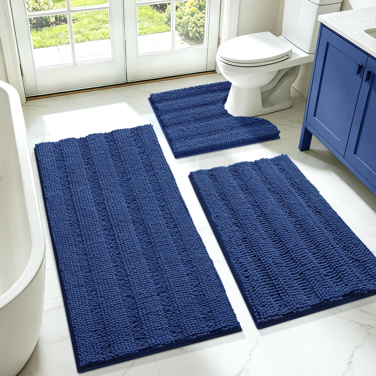 ACCUMTEK Christmas Striped Pink Bathroom Rug Set 3 Pieces Ultra Soft, Non Slip Chenille Toilet Mat, Absorbent Plush Shaggy Bath Mats for Bathroom, Bedroom, Kitchen