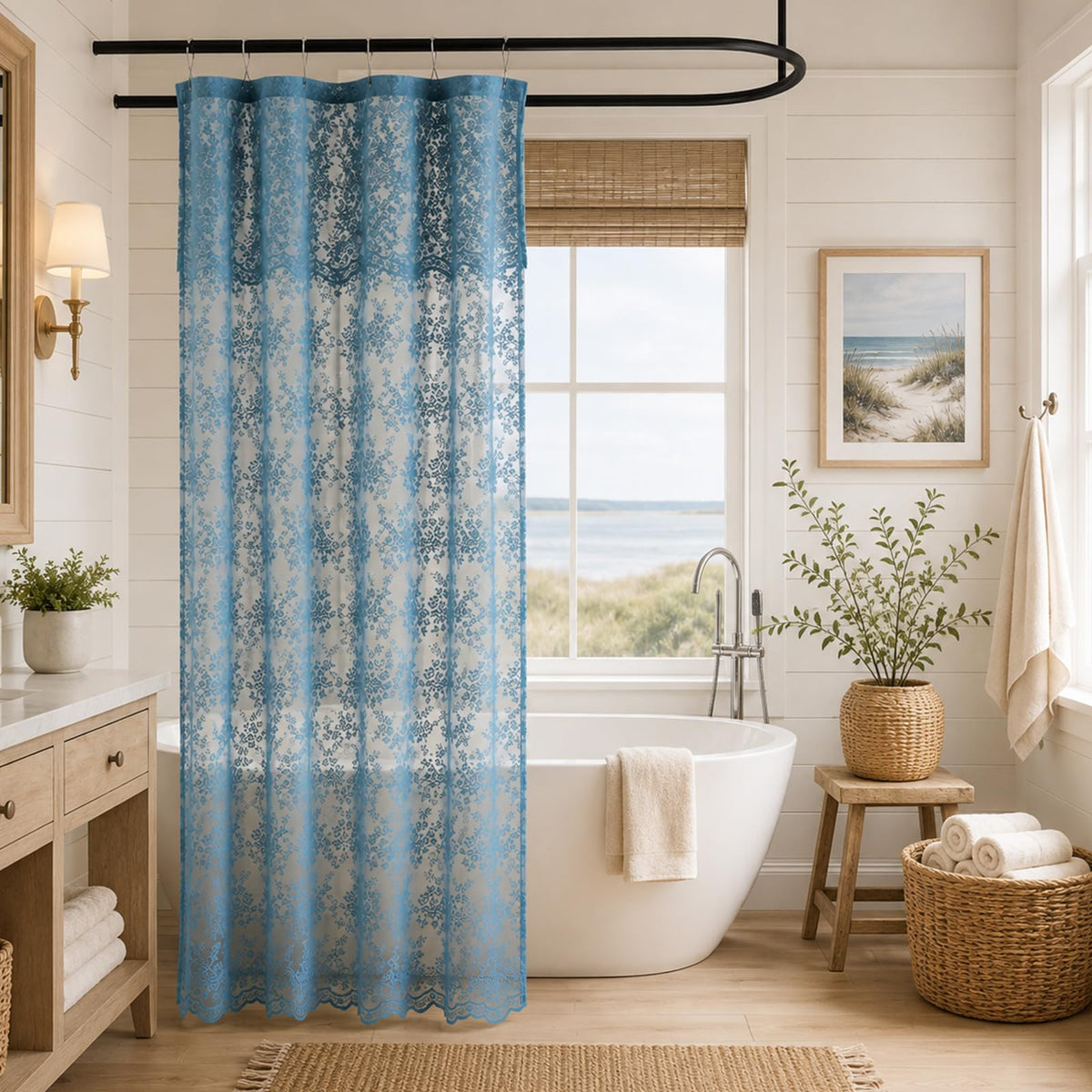 TUDECO Sage Green Shower Curtain with Attached Valance, 72 x 72, 1 Panel