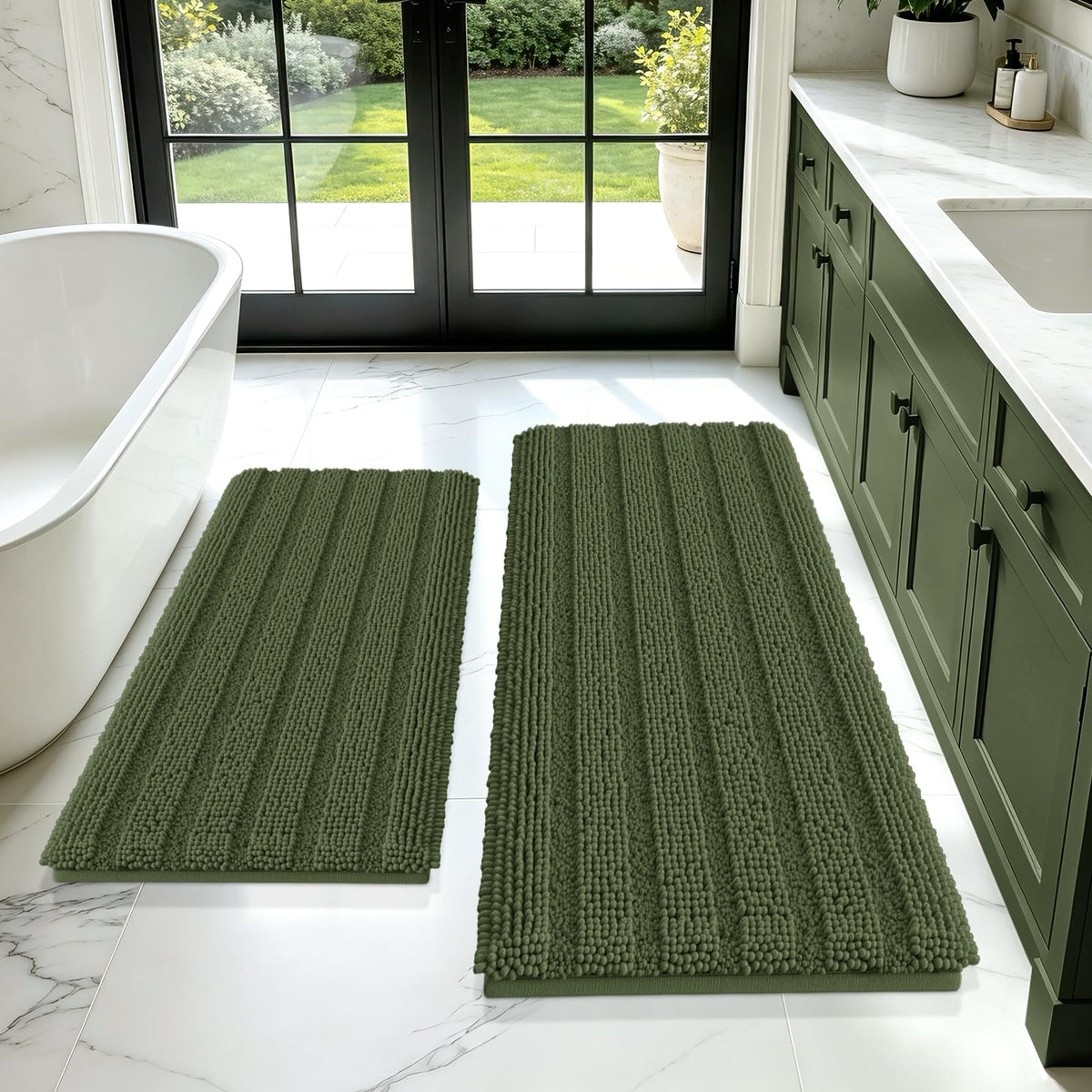 ACCUMTEK Christmas Striped Pink Bathroom Rug Set 3 Pieces Ultra Soft, Non Slip Chenille Toilet Mat, Absorbent Plush Shaggy Bath Mats for Bathroom, Bedroom, Kitchen