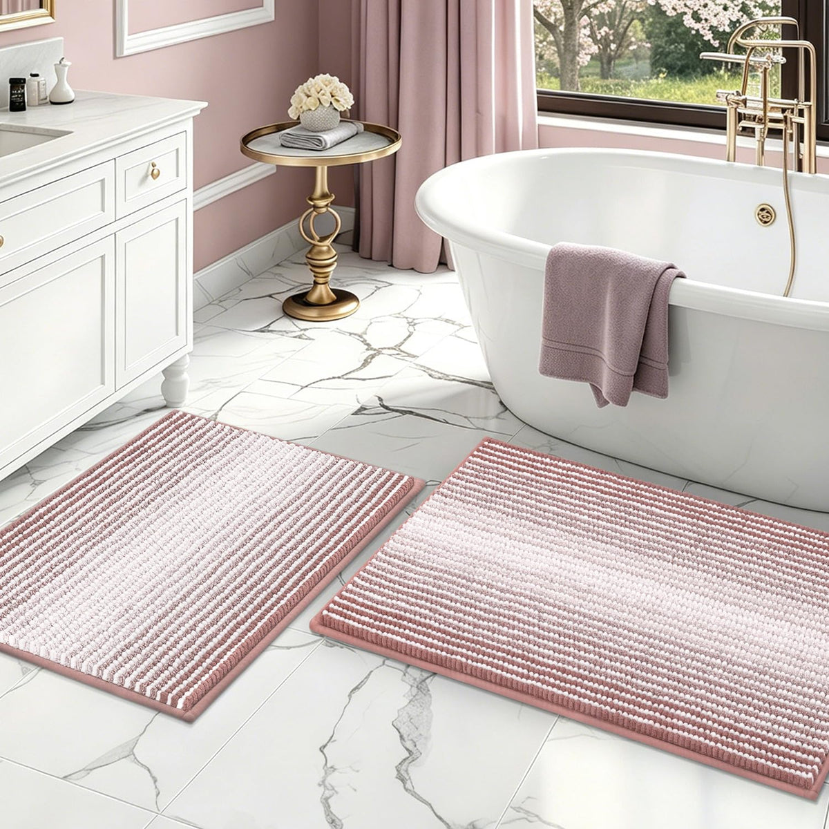 BSICPRO Large Chenille Bathroom Rugs Runner, 20x47 Striped Bath Mats, Beige