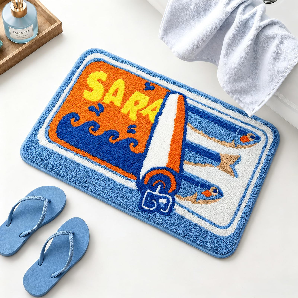 Cute Cat Bath Mat, Unique Blue Small Fun Bathroom Rug