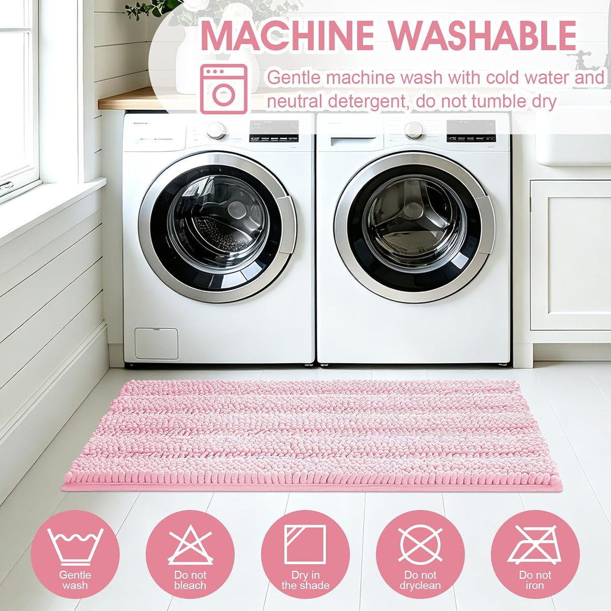 ACCUMTEK Christmas Striped Pink Bathroom Rug Set 3 Pieces Ultra Soft, Non Slip Chenille Toilet Mat, Absorbent Plush Shaggy Bath Mats for Bathroom, Bedroom, Kitchen