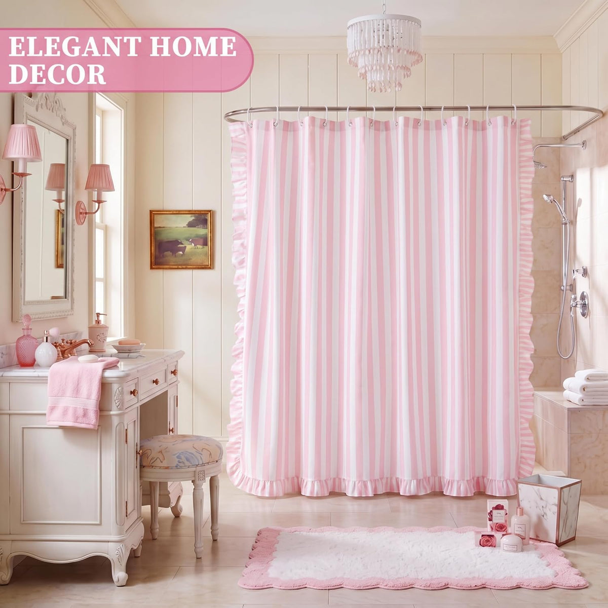Pink Ruffled Striped Shower Curtain