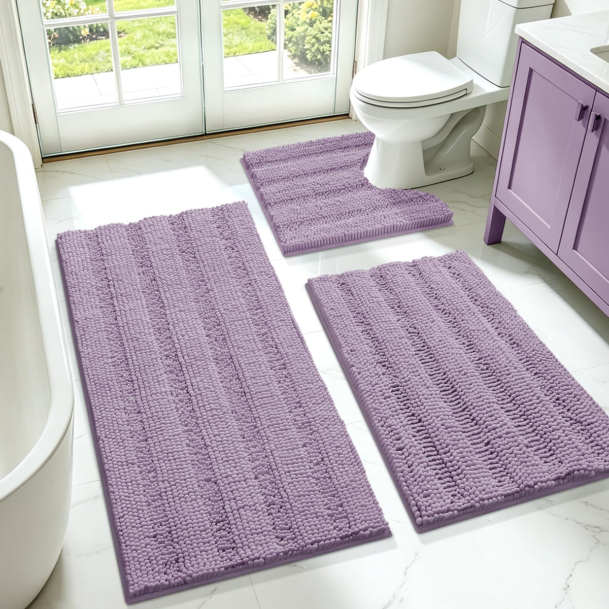 ACCUMTEK Christmas Striped Pink Bathroom Rug Set 3 Pieces Ultra Soft, Non Slip Chenille Toilet Mat, Absorbent Plush Shaggy Bath Mats for Bathroom, Bedroom, Kitchen