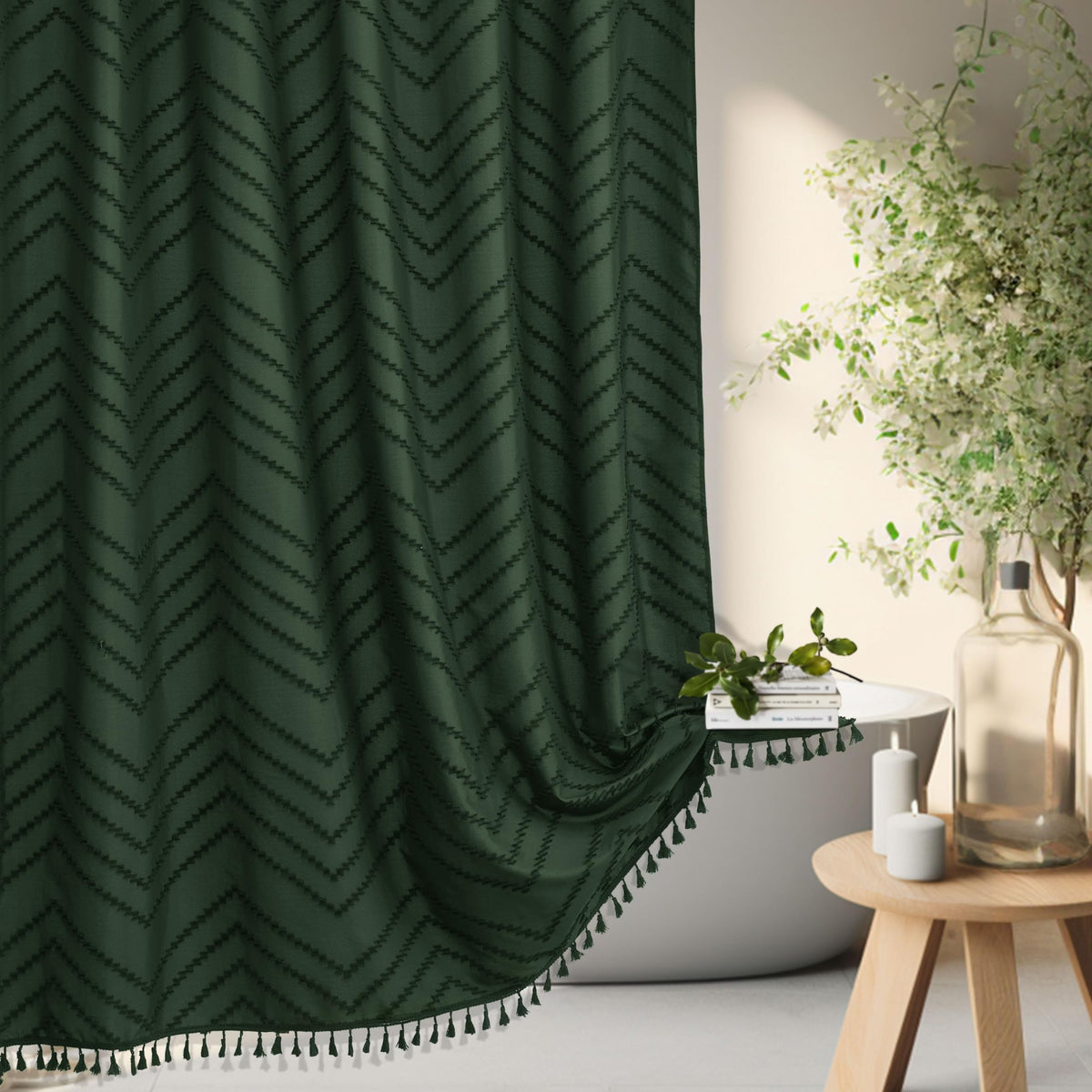 Siiluminisoy Boho Shower Curtain with Tassel Woven Fabric Olive Green Shower Curtain 72 x 72 Modern Farmhouse Textured Tufted Chevron Striped Minimalist Bathroom Shower Curtains