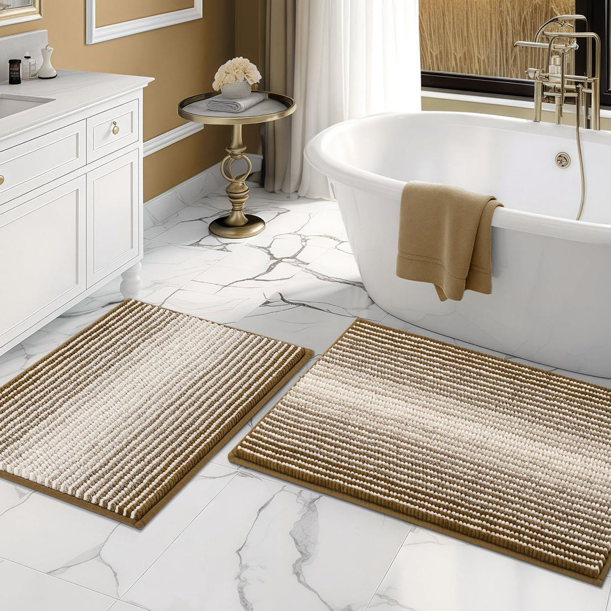 BSICPRO Large Chenille Bathroom Rugs Runner, 20x47 Striped Bath Mats, Beige