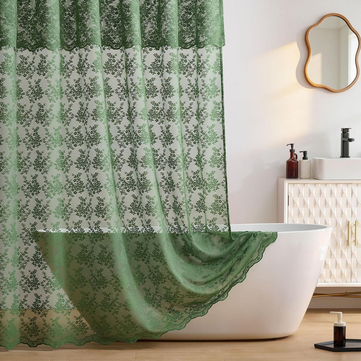 TUDECO Sage Green Shower Curtain with Attached Valance, 72 x 72, 1 Panel