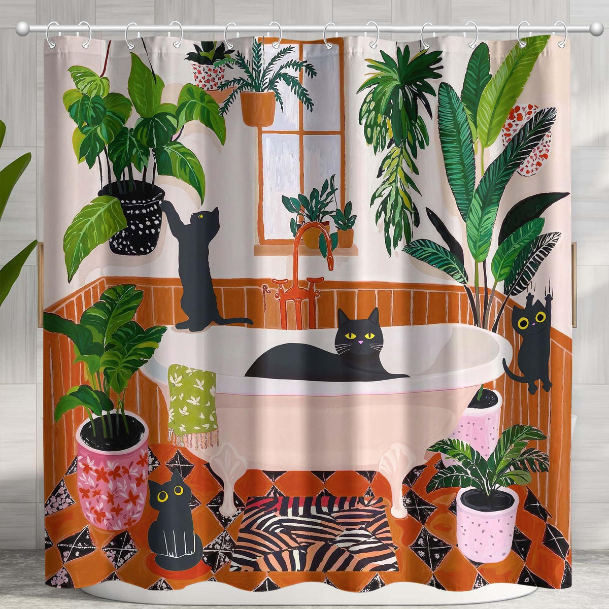 Funny Cat Shower Curtain for Bathroom Green 72x72 Inch