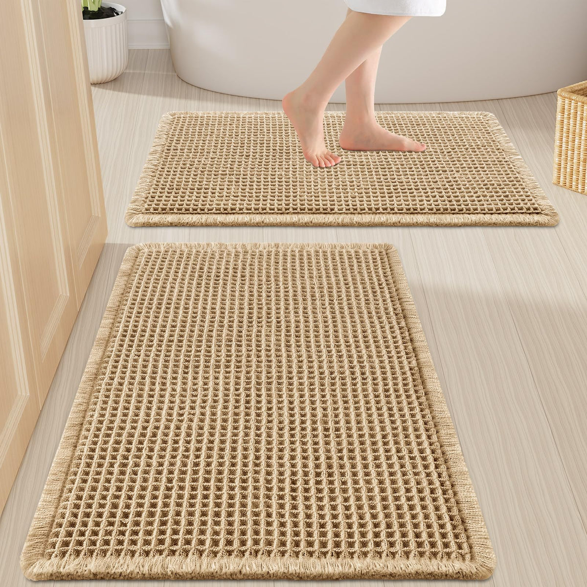 Smiry Waffle Bathroom Rugs Sets 2 Piece (30x20+24x16, Brown)
