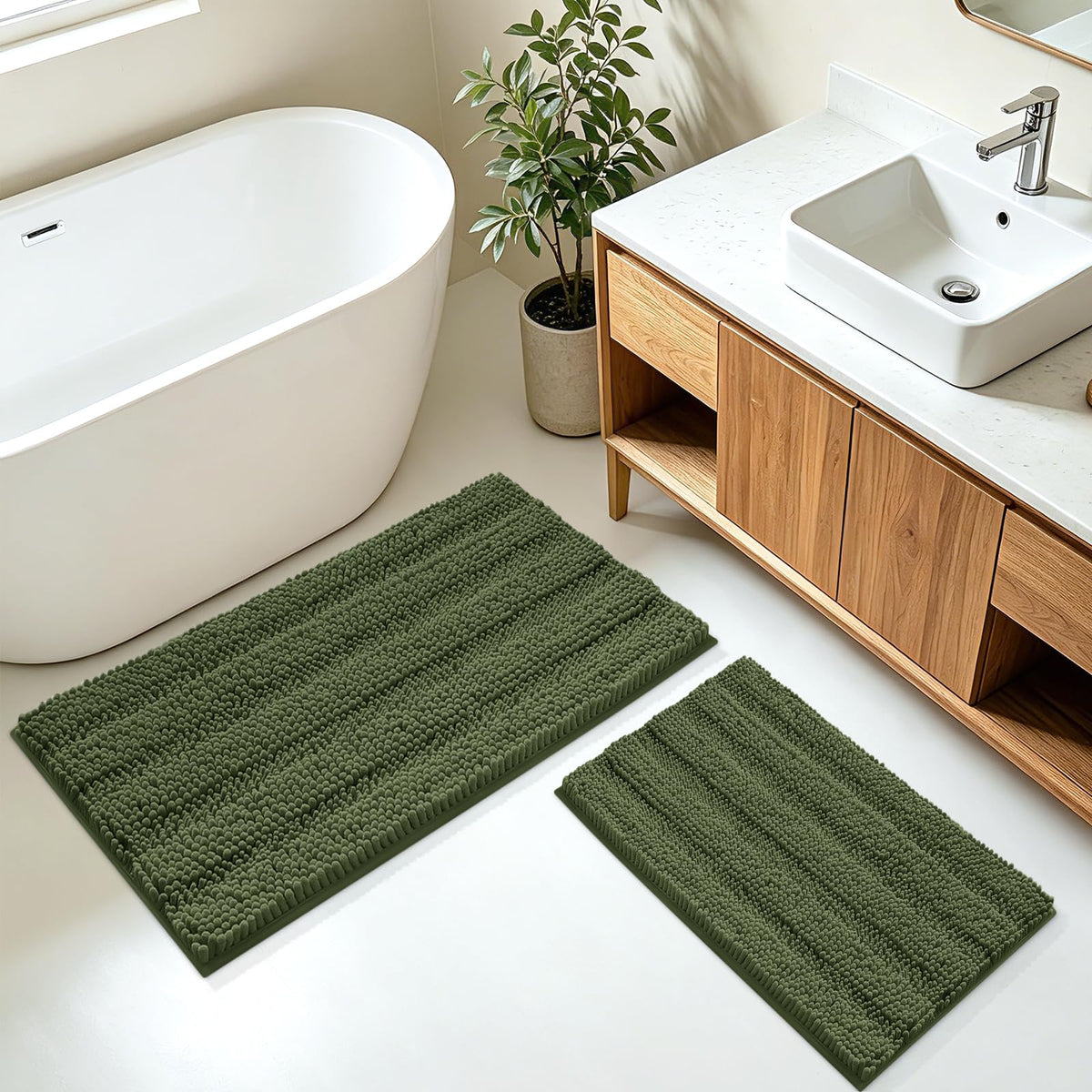 ACCUMTEK Christmas Striped Pink Bathroom Rug Set 3 Pieces Ultra Soft, Non Slip Chenille Toilet Mat, Absorbent Plush Shaggy Bath Mats for Bathroom, Bedroom, Kitchen