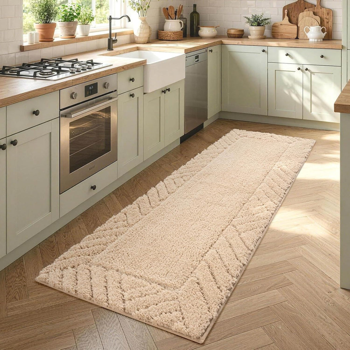 48x17 Long Bathroom Runner Rugs Beige, Non Slip Washable Bath Rugs