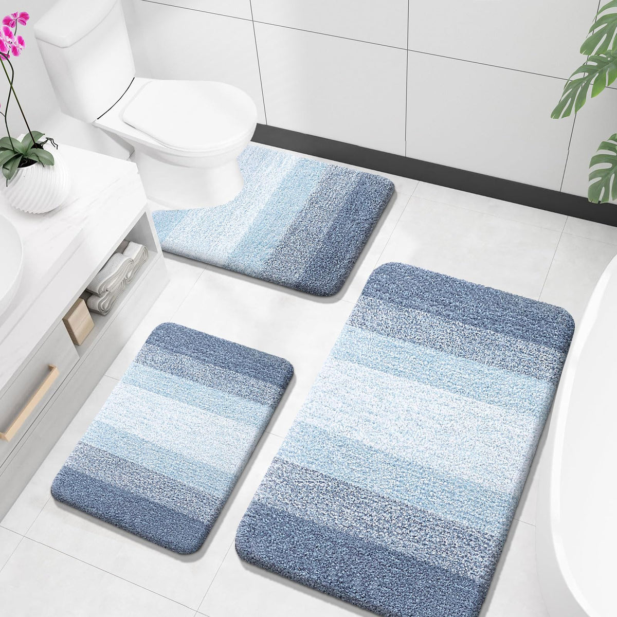 OLANLY Microfiber Bathroom Rugs Sets 3 Piece, Absorbent Bath Mats, Grey