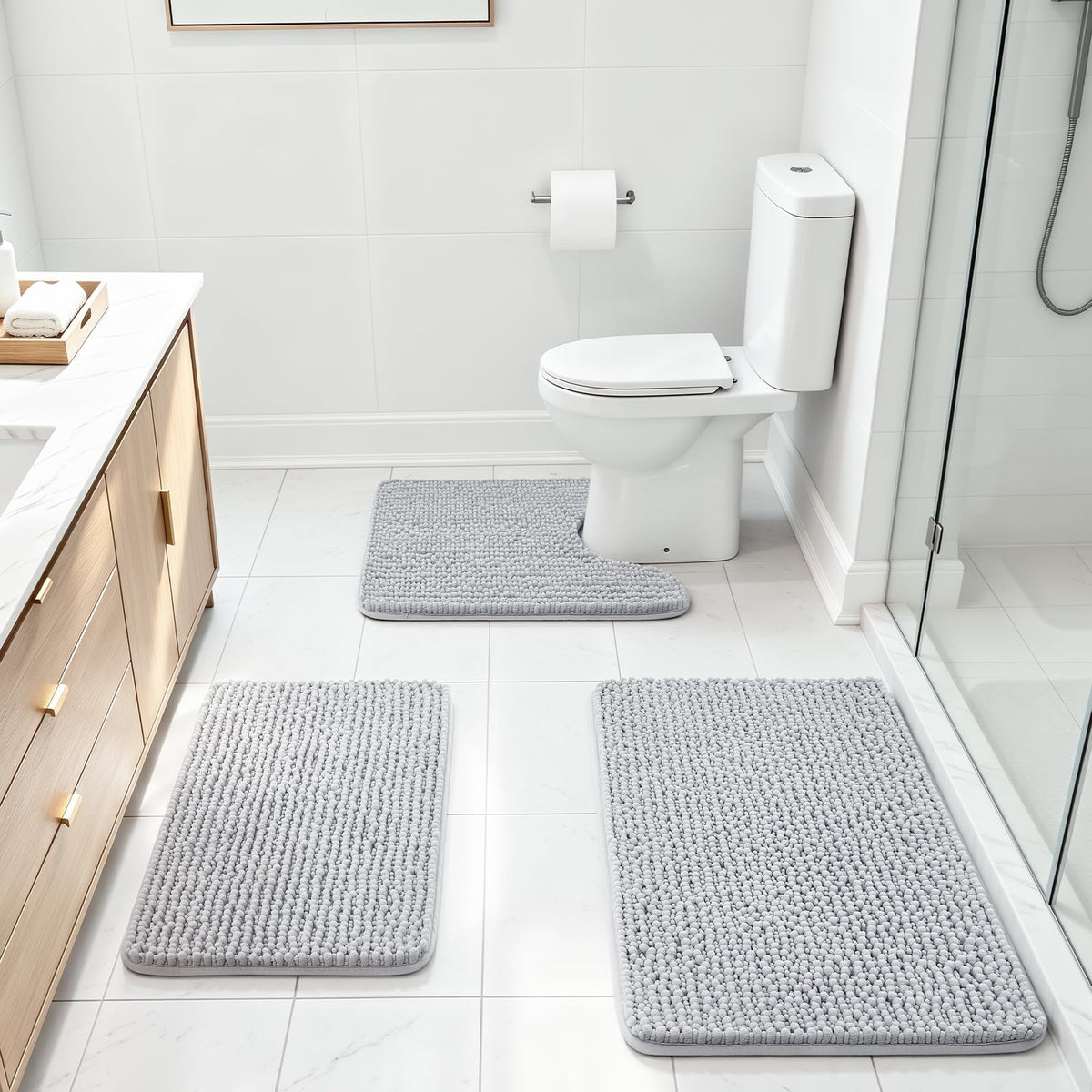 Ophanie Grey Bathroom Rugs 30x20, Soft Chenille Bath Mat, Non Slip Absorbent Quick Dry Light Gray Mats, Machine Washable Thick Small Area Rug Sets,Grip Bathmat for Shower,Toilet,Sink and Indoor Floor