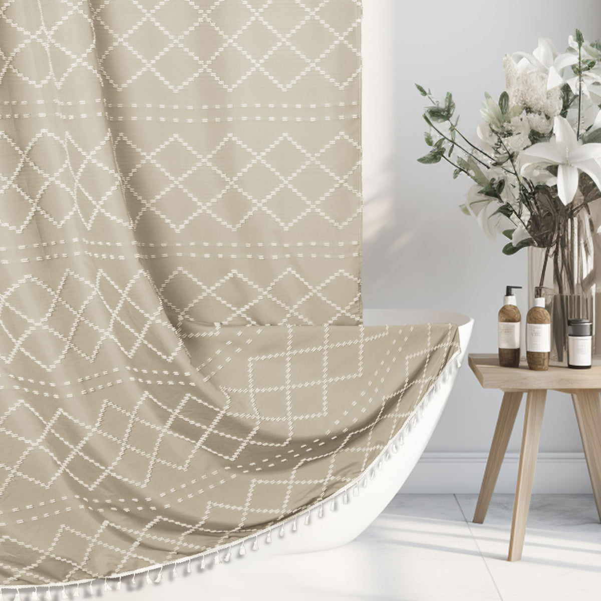 White Boho Shower Curtain Fabric Shower Curtains with Tassel 72 x 72 Modern Textured Shower Curtain Farmhouse Minimalist, Tufted Chevron Striped Shabby Chic, Water Resistant Cloth Curtain for Bathroom