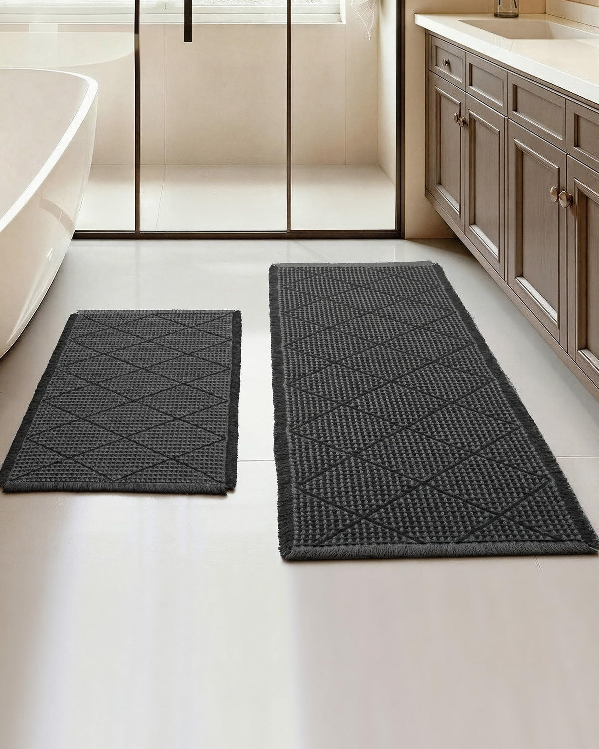 Furicher Waffle Bath Mat Set, Non Slip Bathroom Rugs 2 Piece, Brown & White