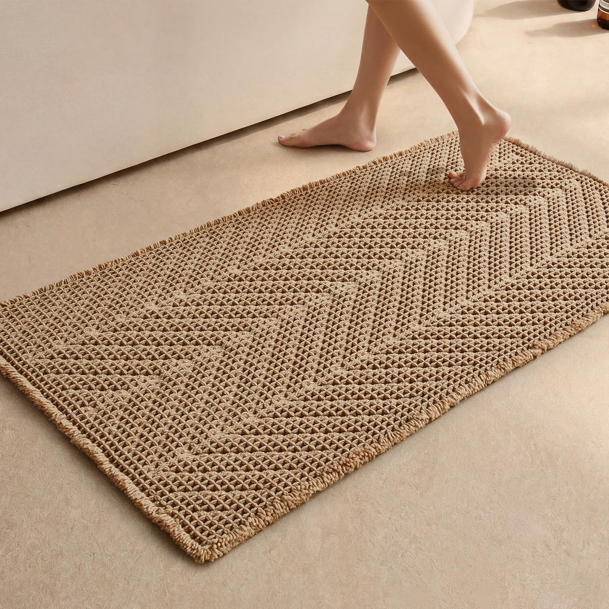 Sunfly Boho Herringbone Waffle Bath Mat, Ultra Soft Non-Slip Bathroom Rug - Super Absorbent & Quick Dry, Washable Bath Rug for Bathroom 16"x24" Taupe