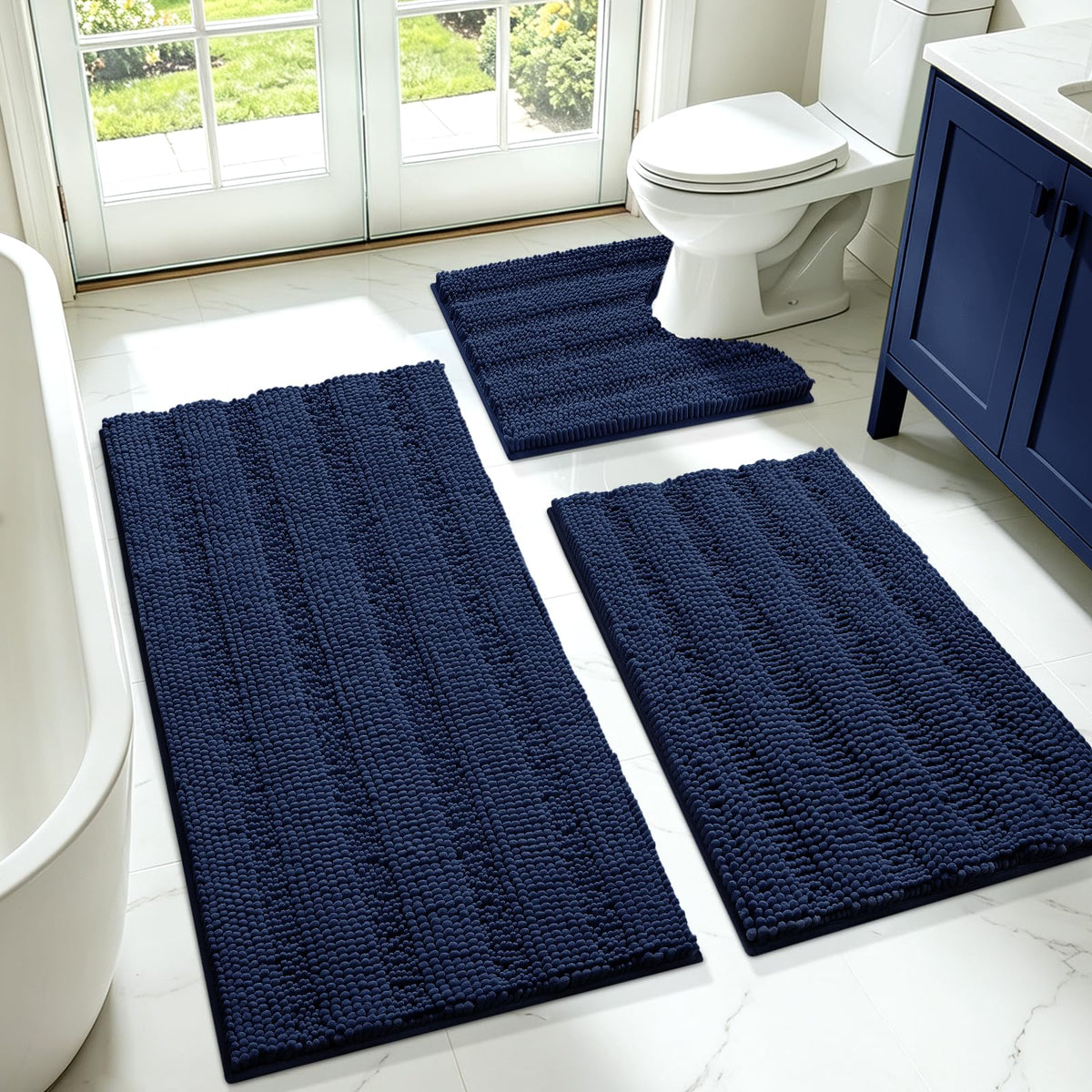 ACCUMTEK Christmas Striped Pink Bathroom Rug Set 3 Pieces Ultra Soft, Non Slip Chenille Toilet Mat, Absorbent Plush Shaggy Bath Mats for Bathroom, Bedroom, Kitchen