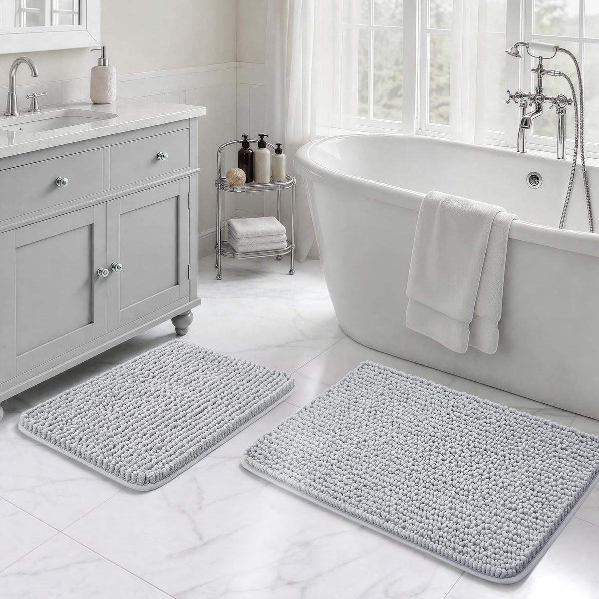 Ophanie Grey Bathroom Rugs 30x20, Soft Chenille Bath Mat, Non Slip Absorbent Quick Dry Light Gray Mats, Machine Washable Thick Small Area Rug Sets,Grip Bathmat for Shower,Toilet,Sink and Indoor Floor