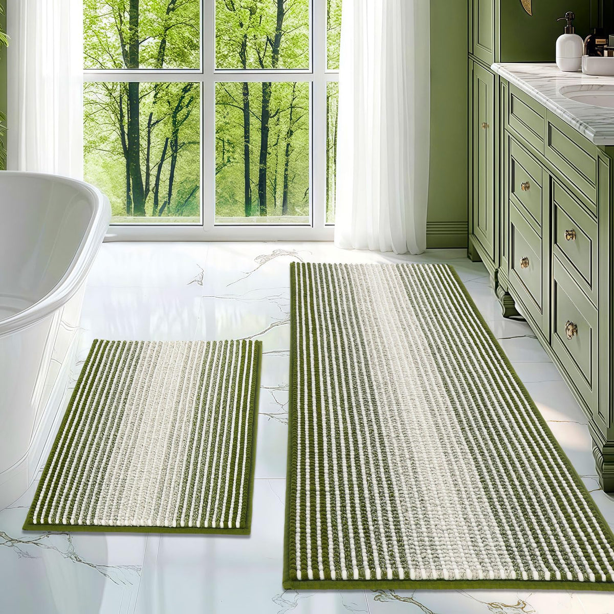 BSICPRO Large Chenille Bathroom Rugs Runner, 20x47 Striped Bath Mats, Beige