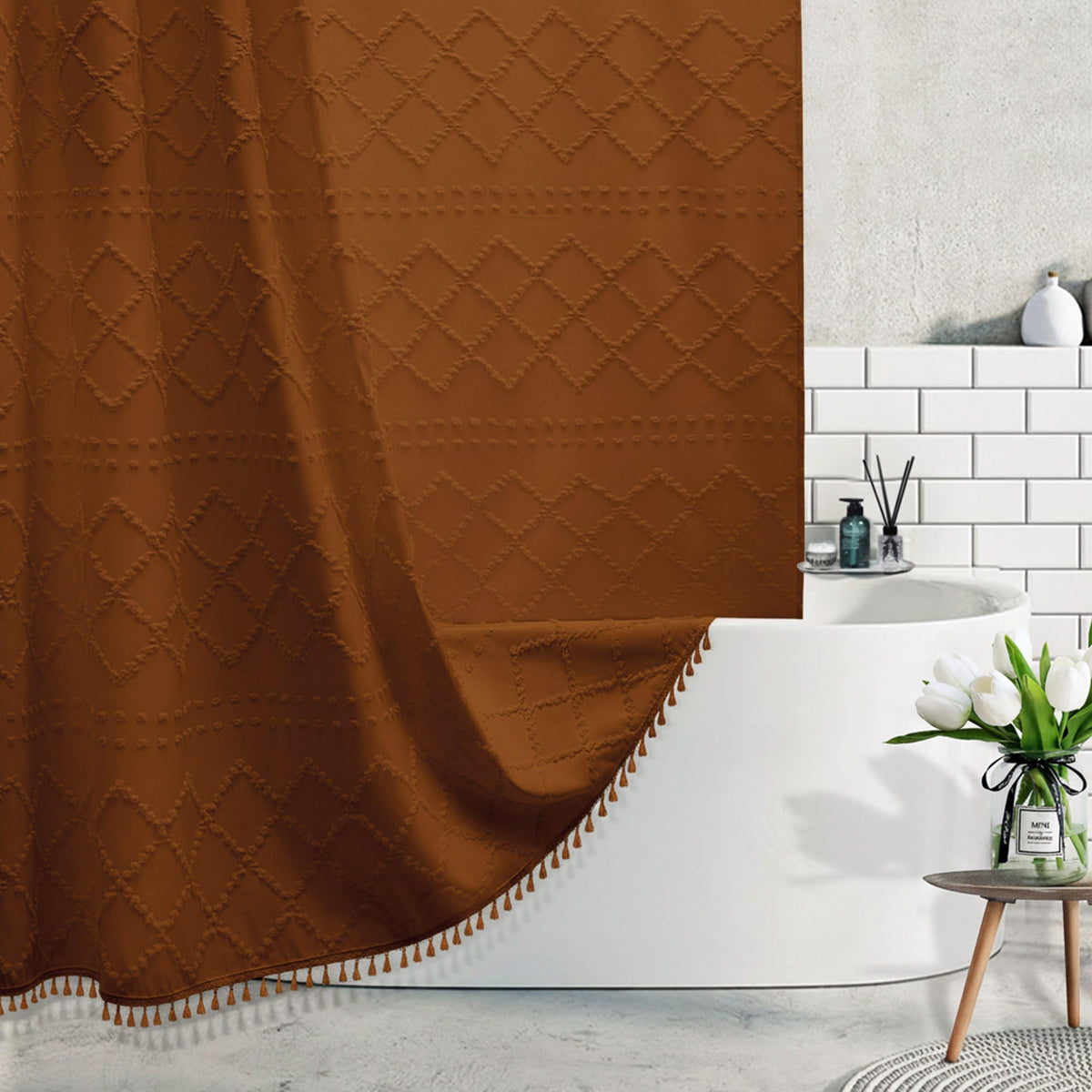 White Boho Shower Curtain Fabric Shower Curtains with Tassel 72 x 72 Modern Textured Shower Curtain Farmhouse Minimalist, Tufted Chevron Striped Shabby Chic, Water Resistant Cloth Curtain for Bathroom