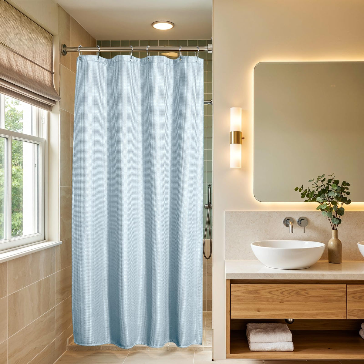AmazerBath Blush Pink Shower Curtain Fabric, Waffle Shower Curtain Heavy Duty 240GSM, Hotel Quality Bathroom Shower Curtains, 72 x 72 Inches
