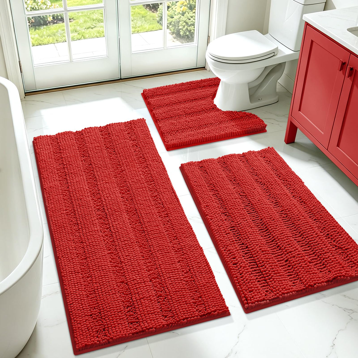 ACCUMTEK Christmas Striped Pink Bathroom Rug Set 3 Pieces Ultra Soft, Non Slip Chenille Toilet Mat, Absorbent Plush Shaggy Bath Mats for Bathroom, Bedroom, Kitchen