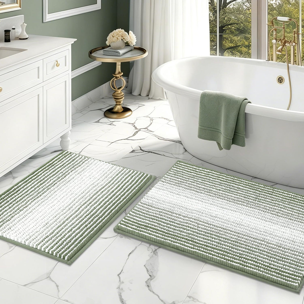 BSICPRO Large Chenille Bathroom Rugs Runner, 20x47 Striped Bath Mats, Beige