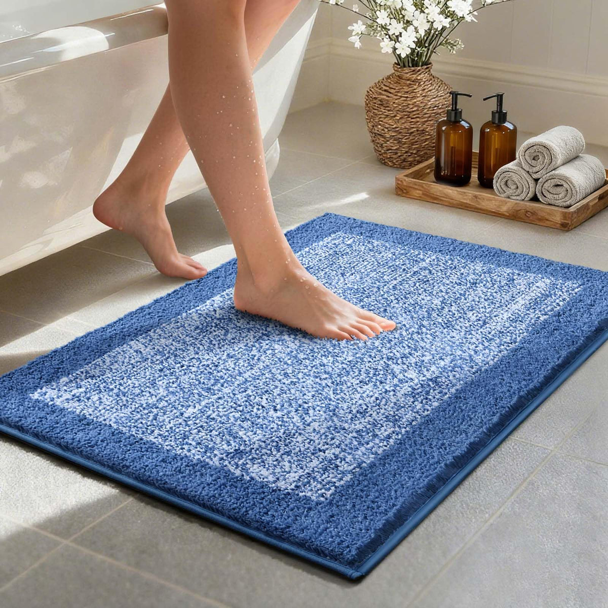 48x24 Long Bathroom Rugs Non Slip Washable, Soft Absorbent Bath Mat Blue