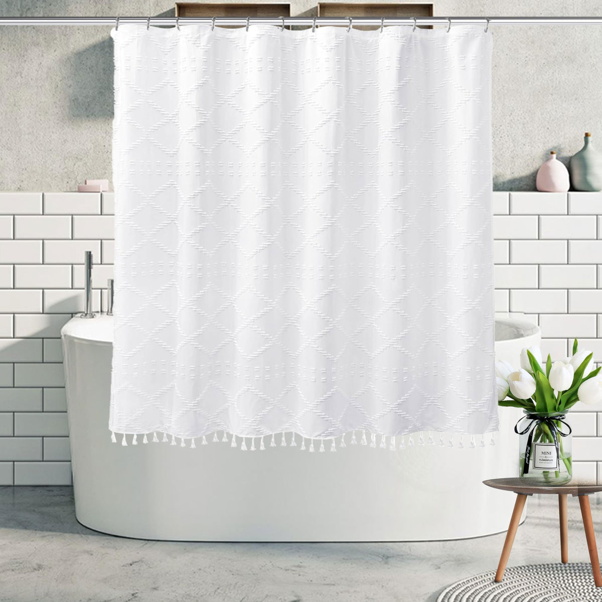 White Boho Shower Curtain Fabric Shower Curtains with Tassel 72 x 72 Modern Textured Shower Curtain Farmhouse Minimalist, Tufted Chevron Striped Shabby Chic, Water Resistant Cloth Curtain for Bathroom