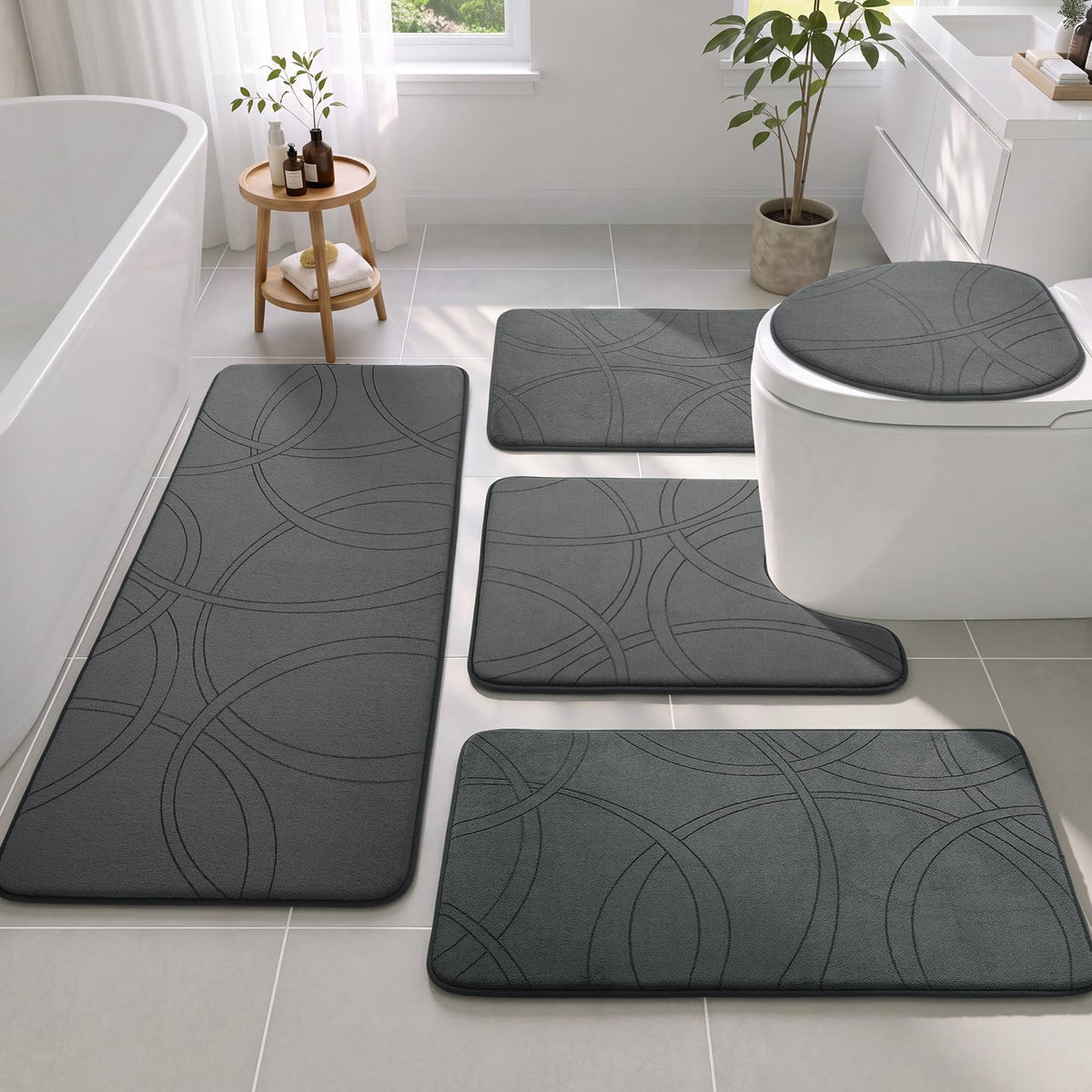 YIHOUSE 3 Piece Bathroom Rug Set - Soft Memory Foam Bath Mat, Dark Grey