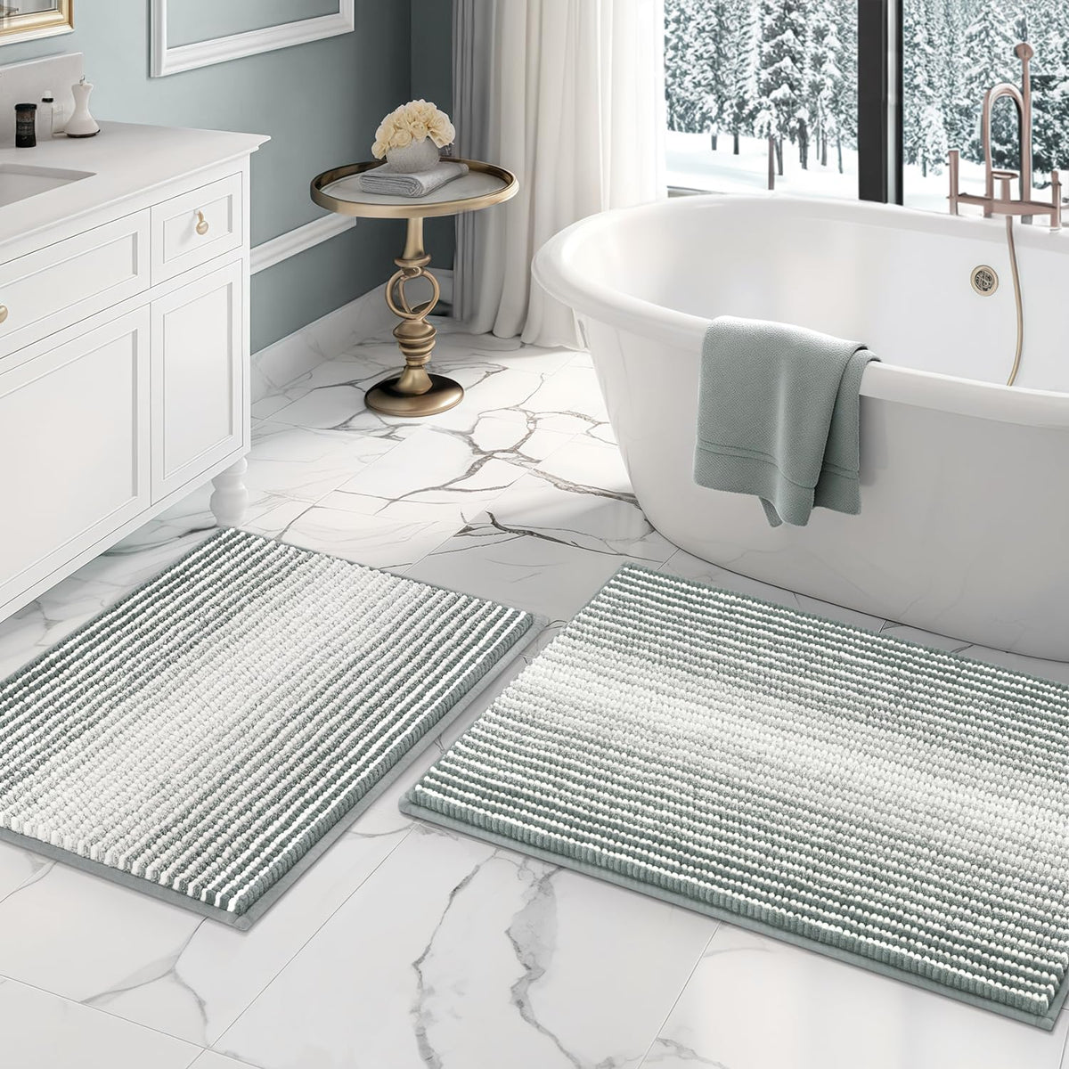 BSICPRO Large Chenille Bathroom Rugs Runner, 20x47 Striped Bath Mats, Beige