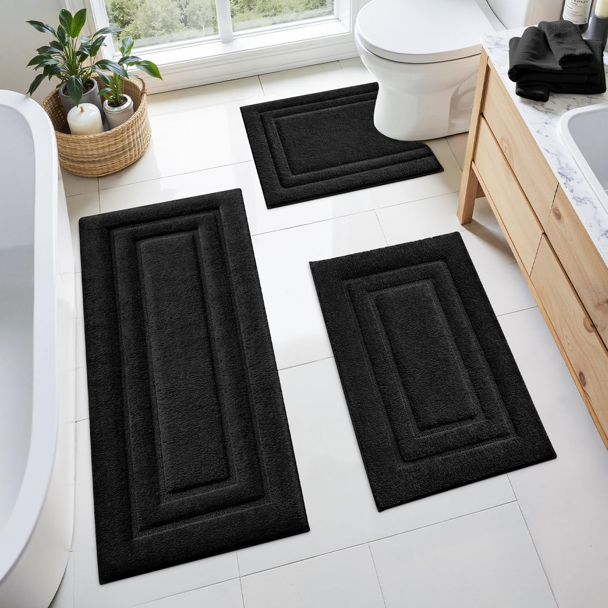 HOMEIDEAS Grey Bathroom Rugs Set of 3, Non Slip Bath Mats
