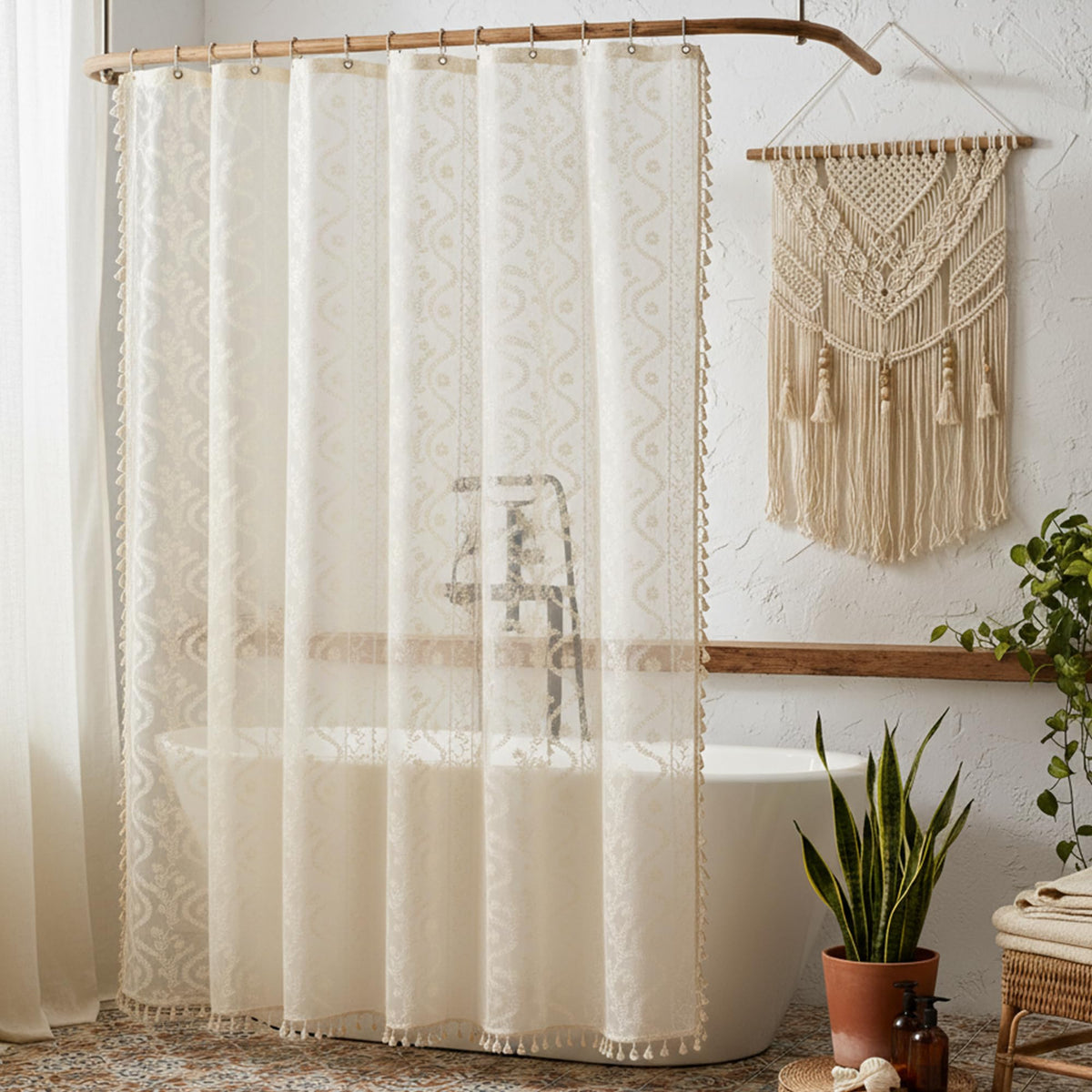 WAZZIO Dark Sage Green Lace Shower Curtain,Boho Chic,72 x 84 in
