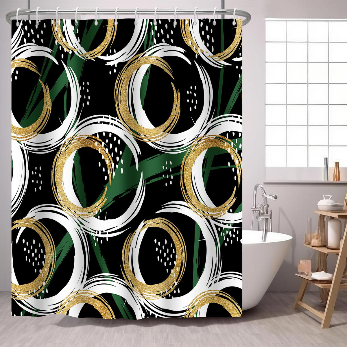 Green Shower Curtain Abstract Modern Geometry Mid Century Circles 72x72 IN