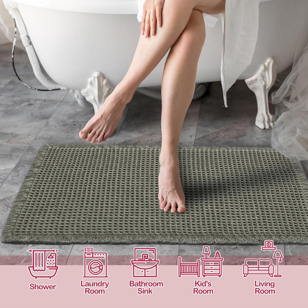 ZALL Waffle Bath Mat,Dark Green Super Absorbent Non Slip Bathroom Rug,17x24inch,Machine Washable Ultra Soft Floor Mats