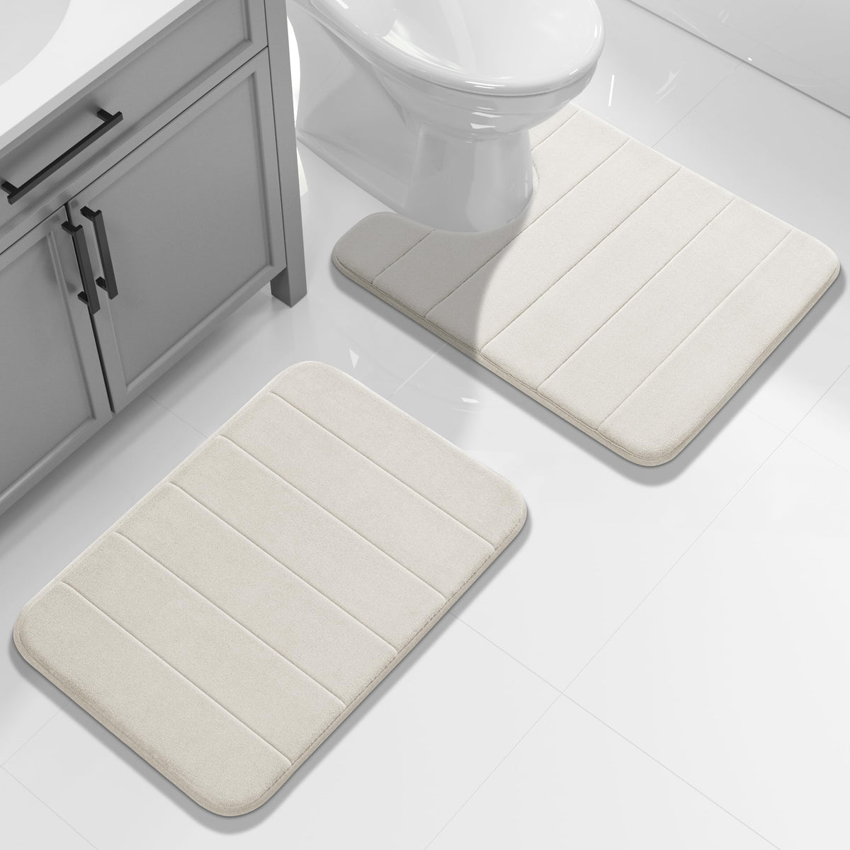 Yimobra Memory Foam Bathroom Rugs Sets 2 Piece - Super Soft Absorbent Quick Dry Bath Mat Set, Machine Washable Non Slip Floor Carpet for Tub Shower & Single Sink (17x24 & 31.5x20 Inch, Gray)