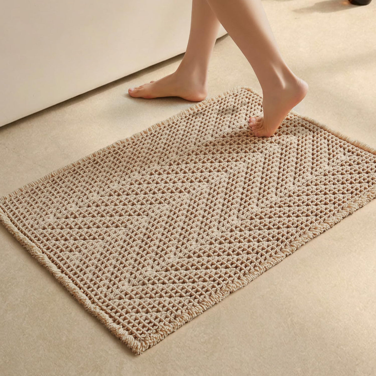 Sunfly Boho Herringbone Waffle Bath Mat, Ultra Soft Non-Slip Bathroom Rug - Super Absorbent & Quick Dry, Washable Bath Rug for Bathroom 16"x24" Taupe
