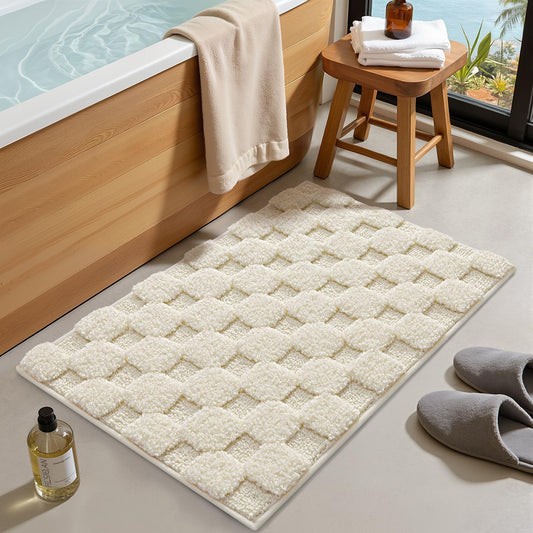 LUMI Non Slip Checkered Bathroom Rugs, Absorbent Waffle Mat, Cream, 20x32